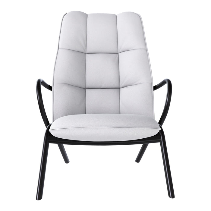 Modern chair featuring a soft white upholstery and sleek black metal frame with a quilted pattern.