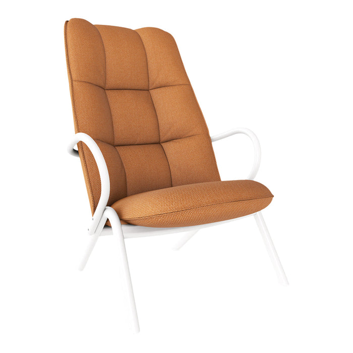 Orange textured upholstery with white metal frame, showcasing modern, stylish design in a minimalist aesthetic.