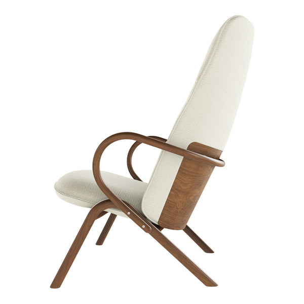 Light beige upholstery with a subtle texture, complemented by dark wood armrests and legs. Elegant minimalist design.