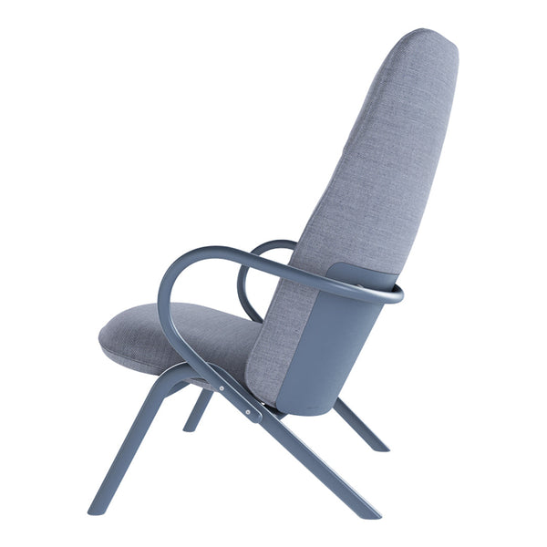 Gray upholstered chair with a sleek, blue metal frame and subtle textured pattern. Stylish and modern design.