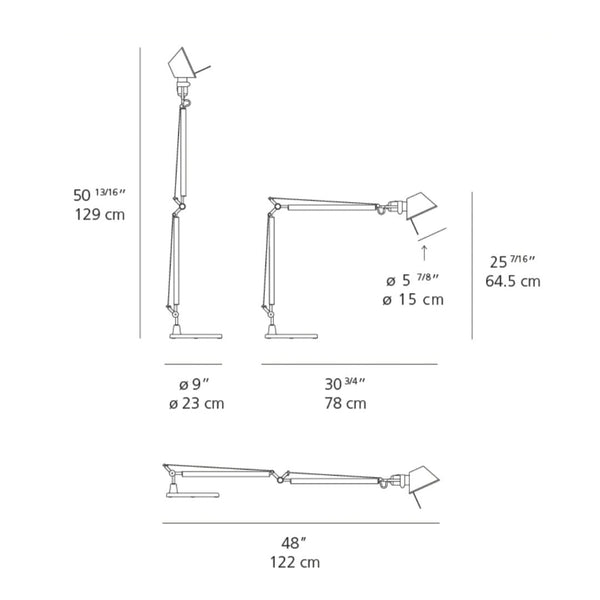 Line drawing of a sleek desk lamp in black and silver, showcasing a modern and minimalist design.