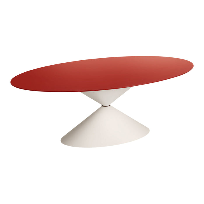 Red oval tabletop with a sleek white conical base, creating a modern and stylish contrast. Perfect for contemporary decor.