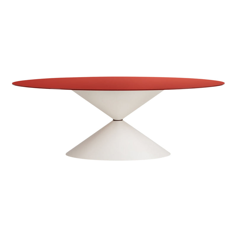 Red oval tabletop on a white conical base, blending modern design with rich colors and sleek patterns.