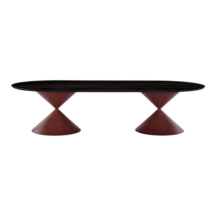 Black oval tabletop with red cone-shaped bases, offering a modern and stylish design. Perfect for contemporary decor.