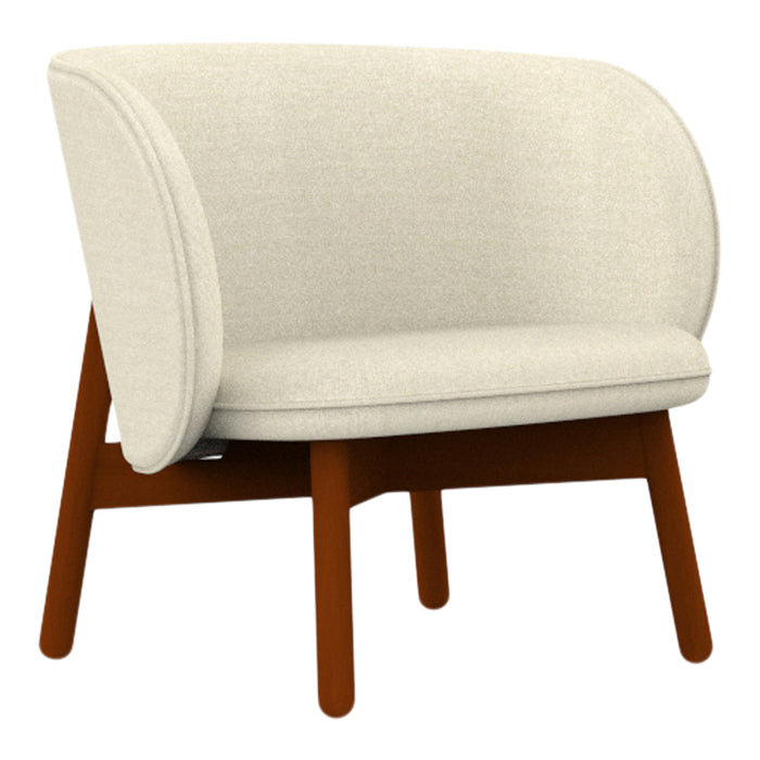 Cream upholstered chair with rounded backrest and warm brown wooden legs. Modern, minimalistic design.