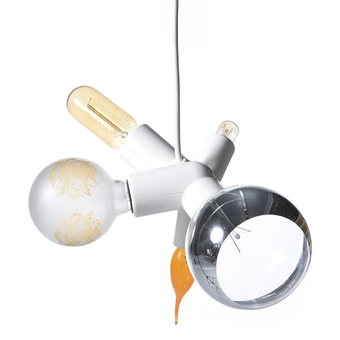 Modern pendant light featuring white, gold, and clear glass accents with unique bulb shapes and intricate patterns.