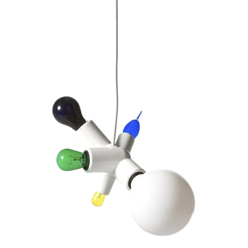 Multicolored pendant lamp featuring blue, green, yellow, and purple bulbs on a sleek silver base.