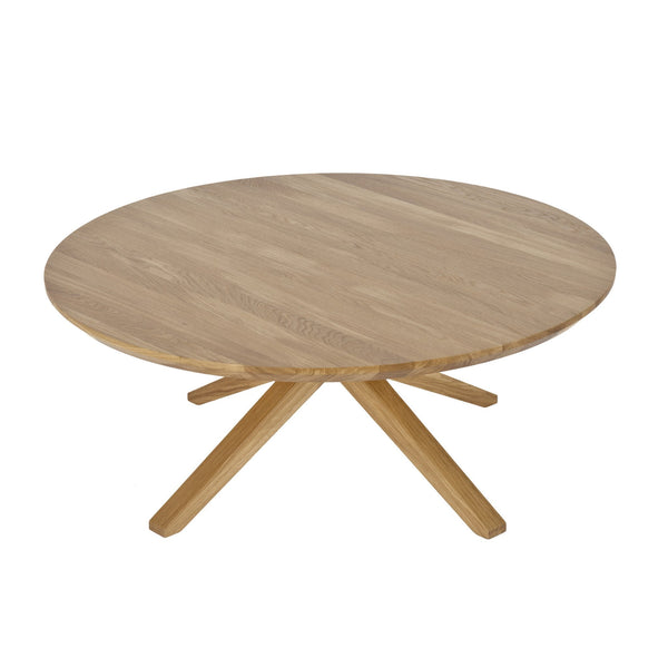 Round wooden coffee table with a light oak finish and simple, natural grain pattern. Ideal for modern decor.
