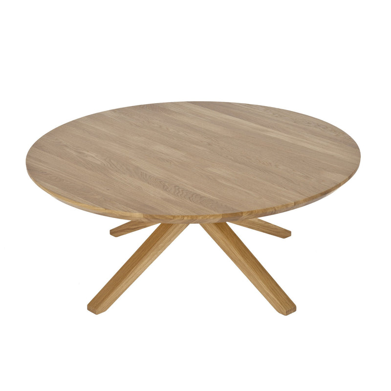 Round wooden coffee table with a light oak finish and simple, natural grain pattern. Ideal for modern decor.