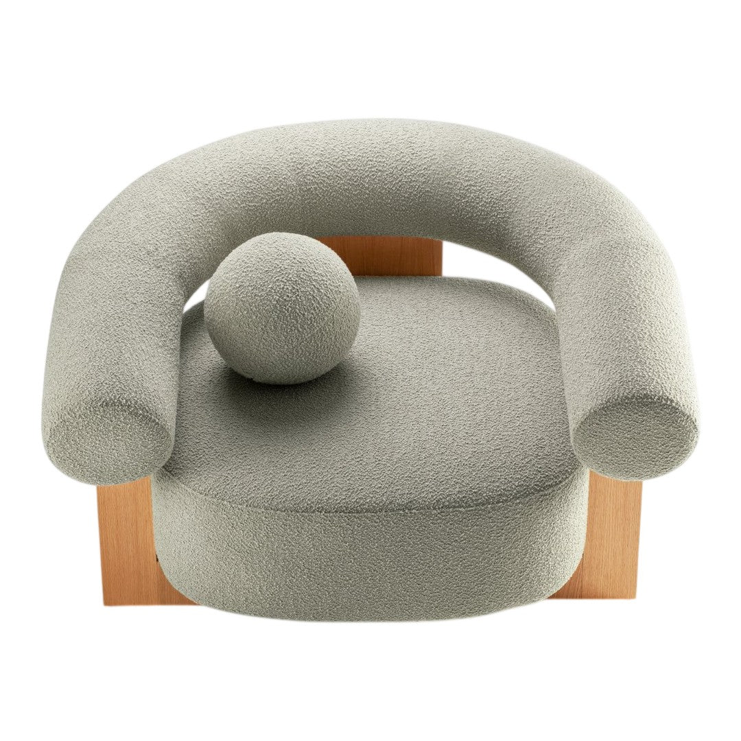 Stylish gray boucle chair with rounded arms and a circular seat design, featuring a minimalist wooden base.