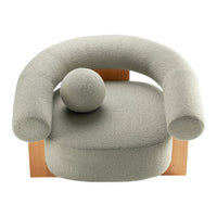 Stylish gray boucle chair with rounded arms and a circular seat design, featuring a minimalist wooden base.