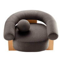 Cozy gray upholstered chair with rounded arms and a spherical accent, featuring a minimalist wooden base.