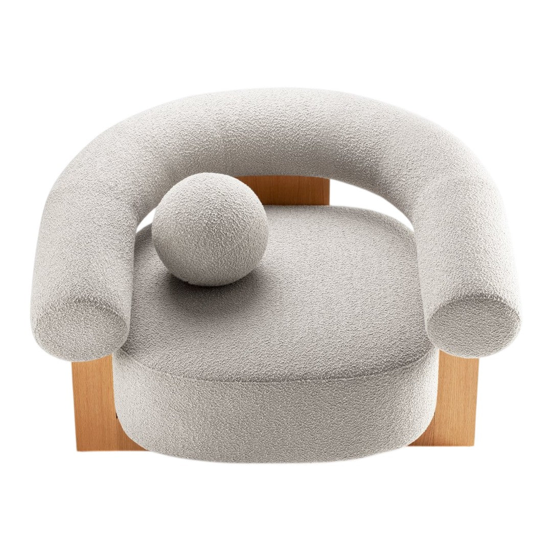Light gray upholstered chair with rounded shapes and a textured finish, featuring a circular cushion and wooden base.