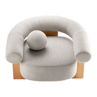 Light gray upholstered chair with rounded shapes and a textured finish, featuring a circular cushion and wooden base.