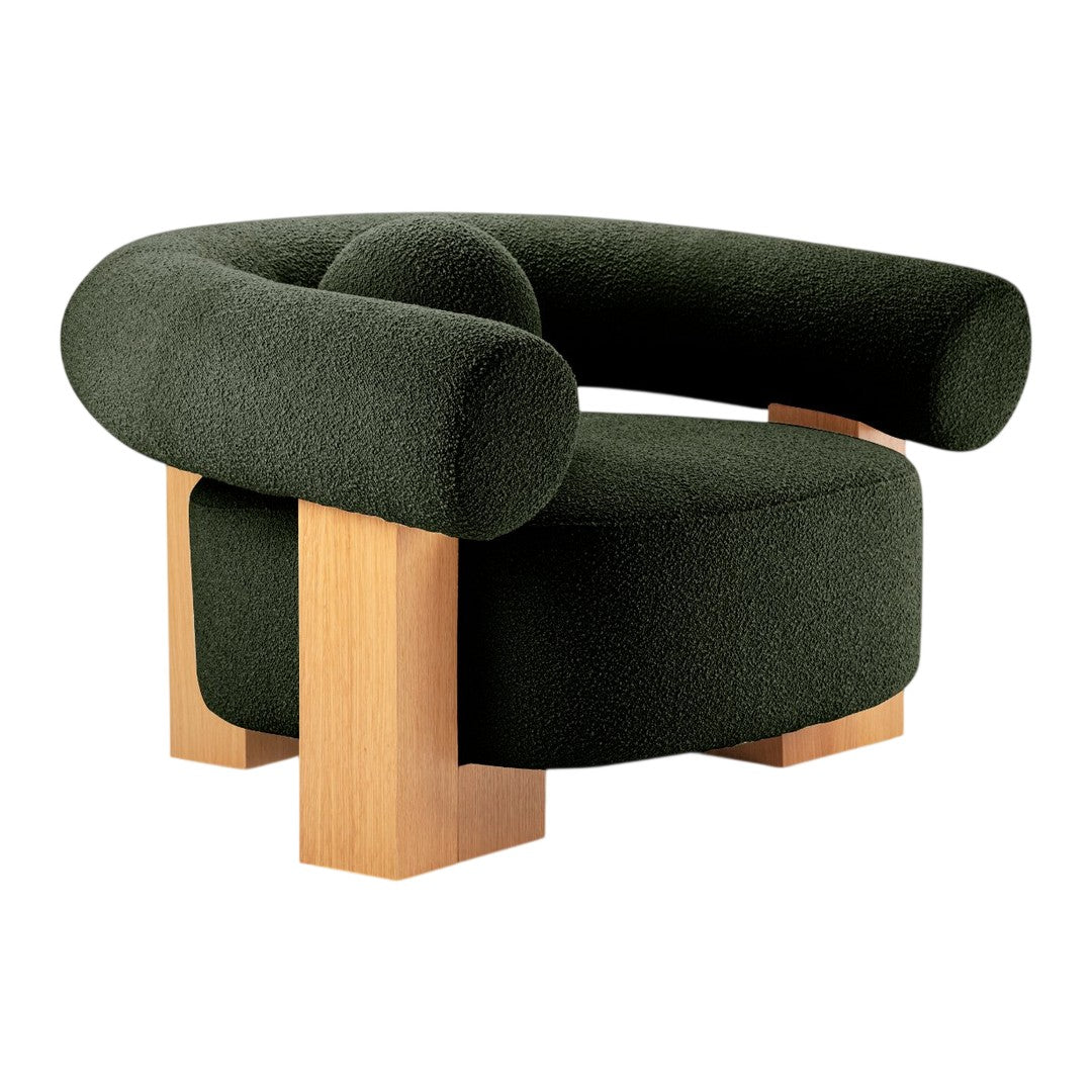 Round green upholstered chair with textured fabric and light wooden legs. Stylish modern design for any space.