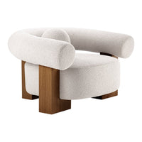 Cream boucle armchair with rounded design and wooden legs, featuring a soft, textured surface. Perfect for modern decor.