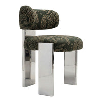 Modern chair with green patterned fabric and chrome legs, featuring abstract designs for a stylish touch.