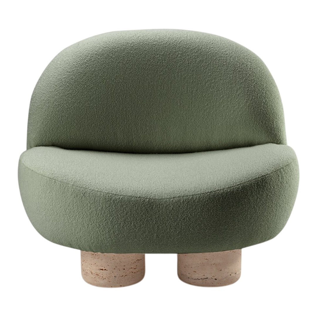 Soft green upholstery with a textured pattern and round, light-colored base for a modern seating option.