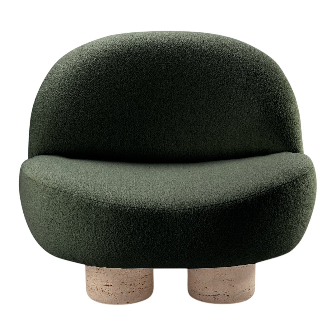 Stylish green sofa with a smooth texture and round, chunky beige legs, adding a modern touch to any space.