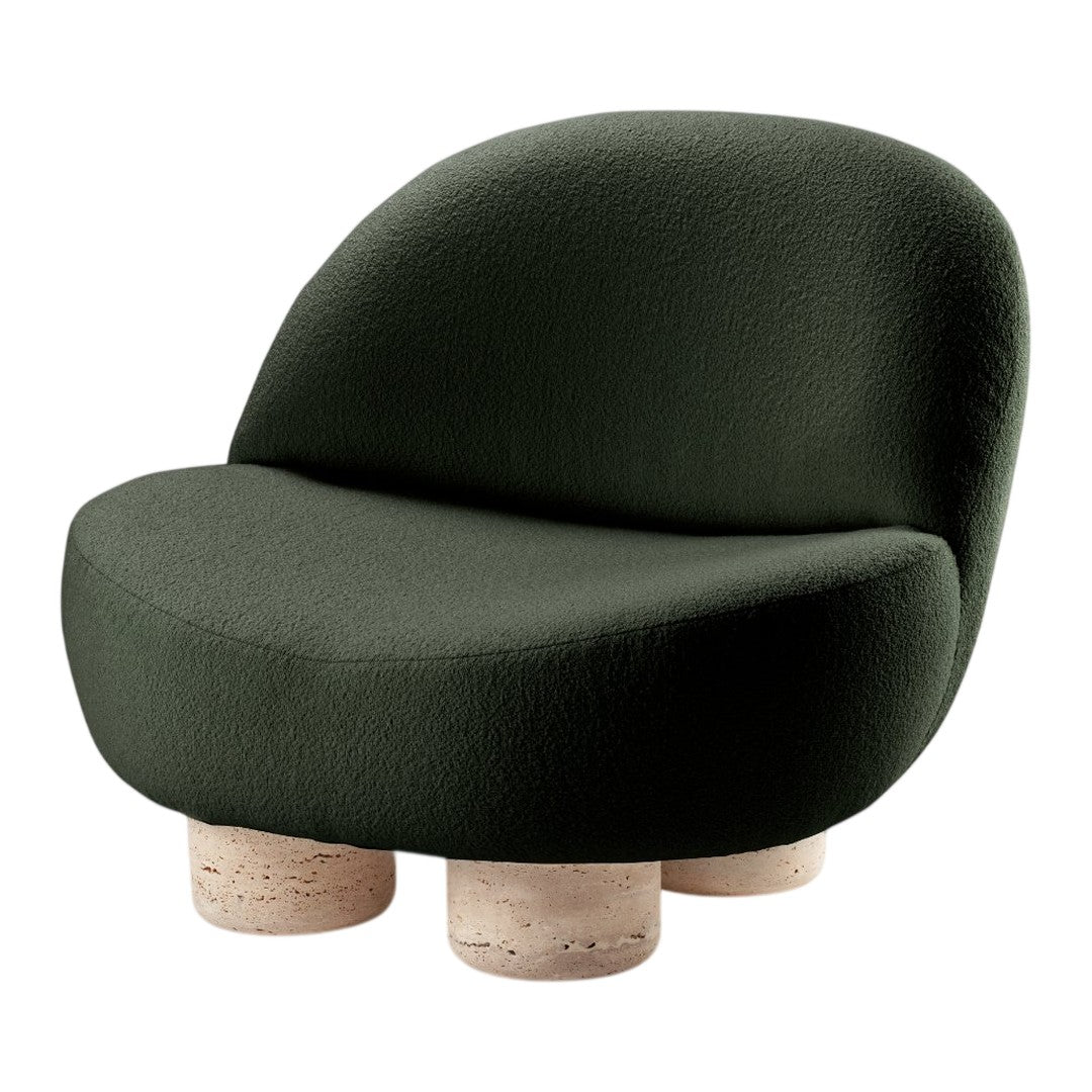 Soft green upholstered chair with rounded design and natural cork legs, featuring a textured fabric pattern.