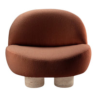 Brown textured chair with smooth curves and light-colored, rounded base. Modern design with earthy tones.