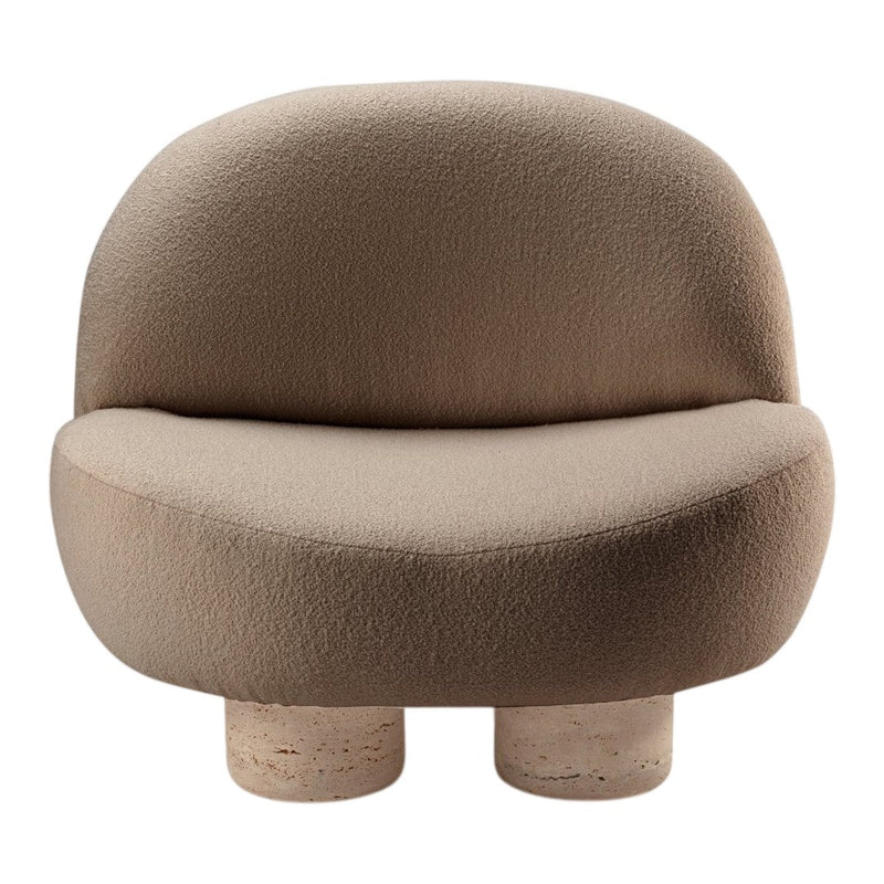 "Soft beige sofa with a rounded shape and textured fabric for a modern, cozy look."