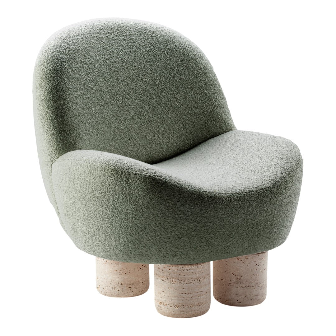 Soft green upholstered chair with a curved shape and textured fabric, featuring light-colored round wooden legs.