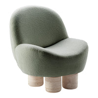 Soft green upholstered chair with a curved shape and textured fabric, featuring light-colored round wooden legs.