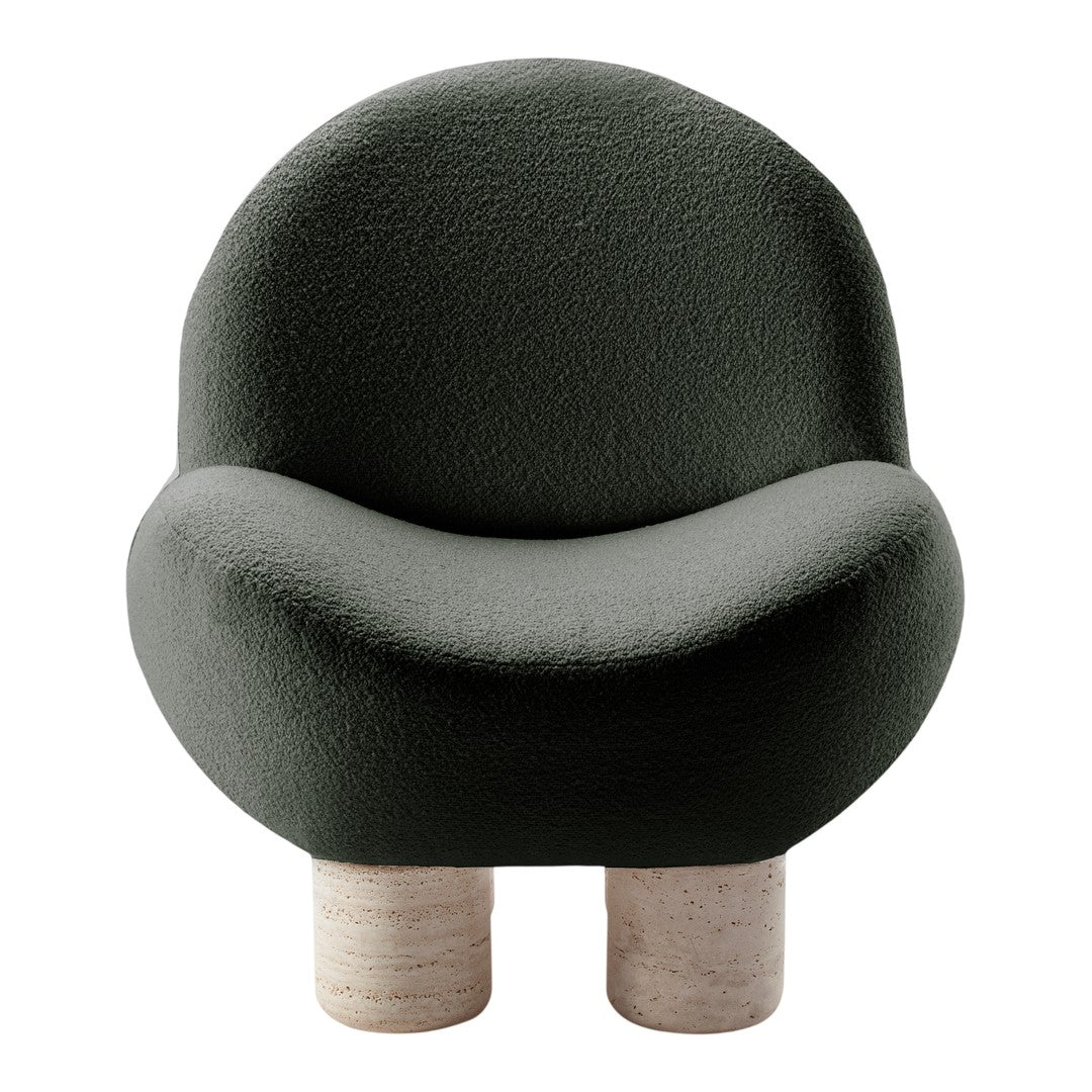 Stylish dark green textured armchair with rounded shape and light wood legs. Perfect for modern decor.