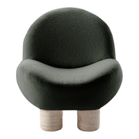 Stylish dark green textured armchair with rounded shape and light wood legs. Perfect for modern decor.