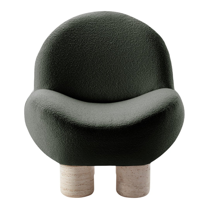 Stylish dark green textured armchair with rounded shape and light wood legs. Perfect for modern decor.
