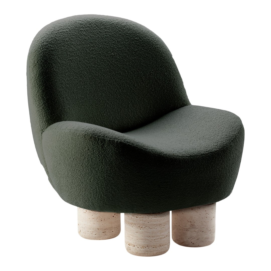 Curved green armchair with textured upholstery and light stone legs in a minimalist design. Perfect for modern interiors.