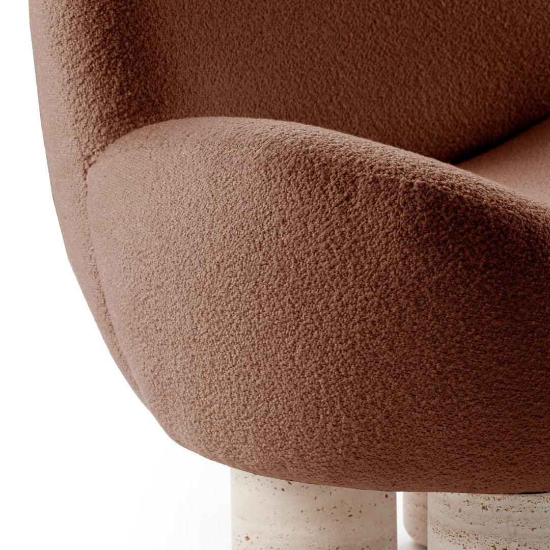 Brown textured fabric upholstery with soft, rounded contours and subtle, light beige detailing on the base.
