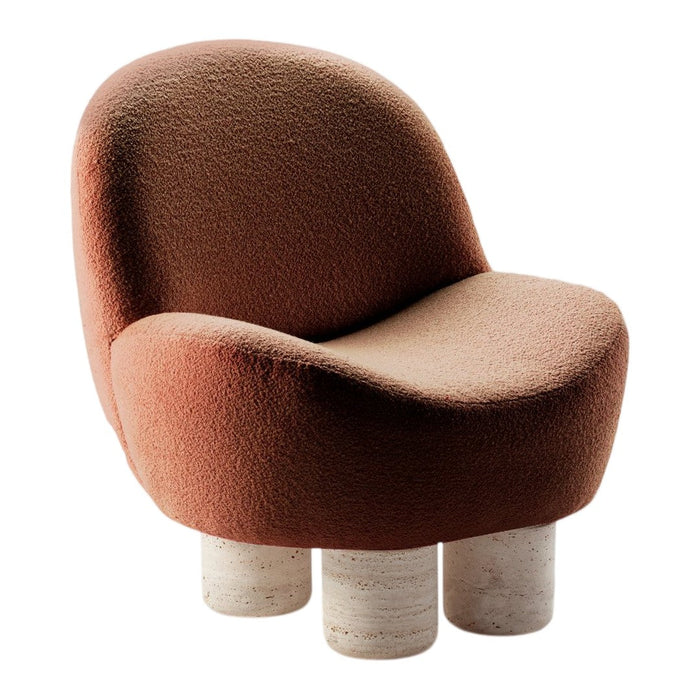 Textured brown chair with rounded shape and light-colored cylindrical legs. Modern and stylish design.