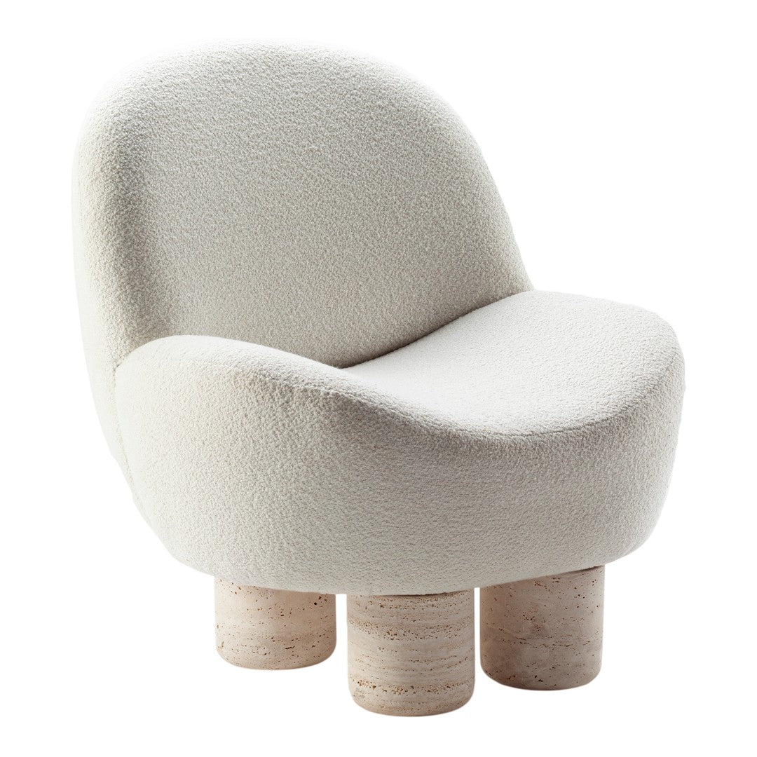 Soft white boucle chair with rounded shape and natural stone legs, perfect for modern decor.