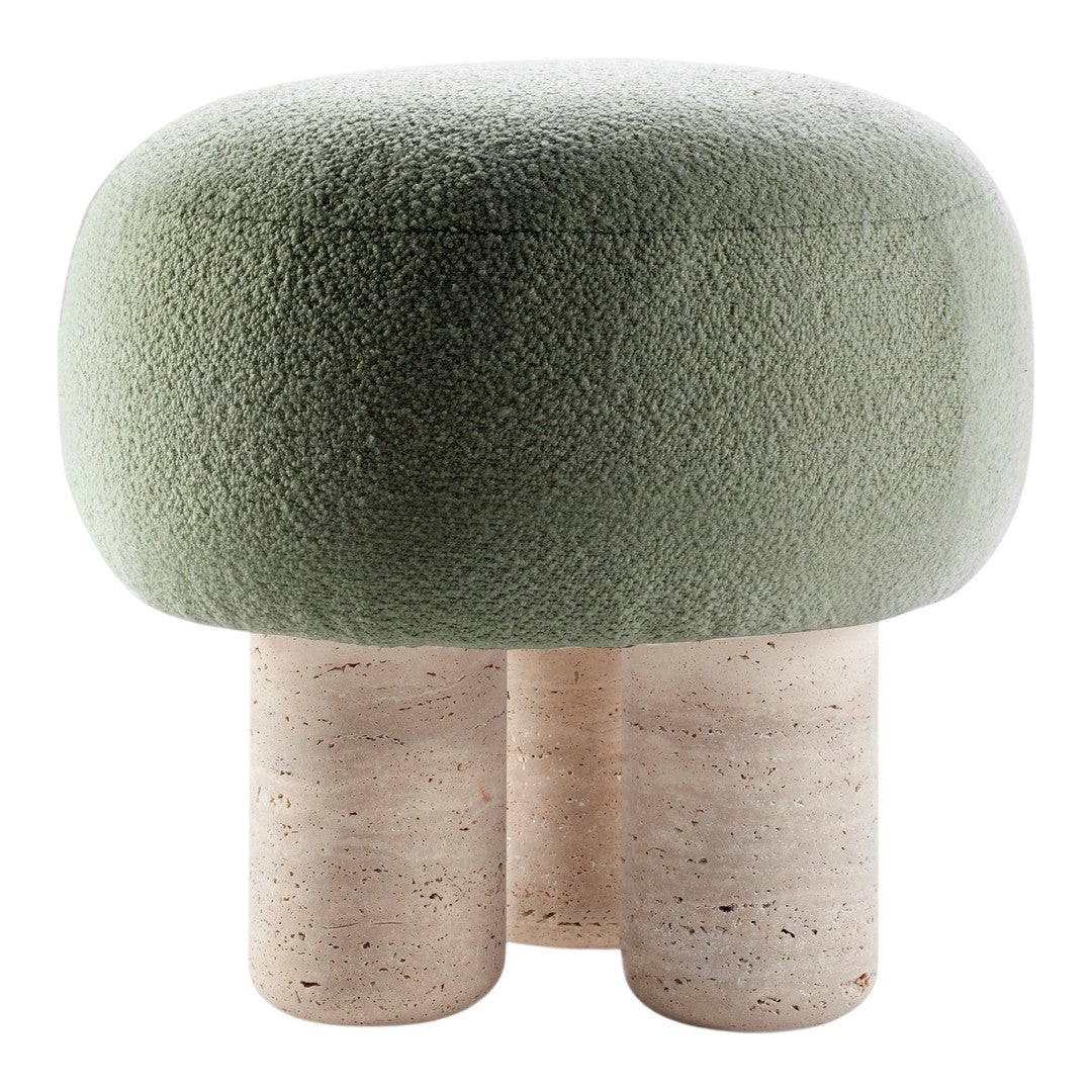 Green upholstered stool with a round top and light-colored, textured stone legs. Modern minimalist design.
