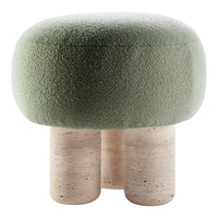 Green upholstered stool with a round top and light-colored, textured stone legs. Modern minimalist design.
