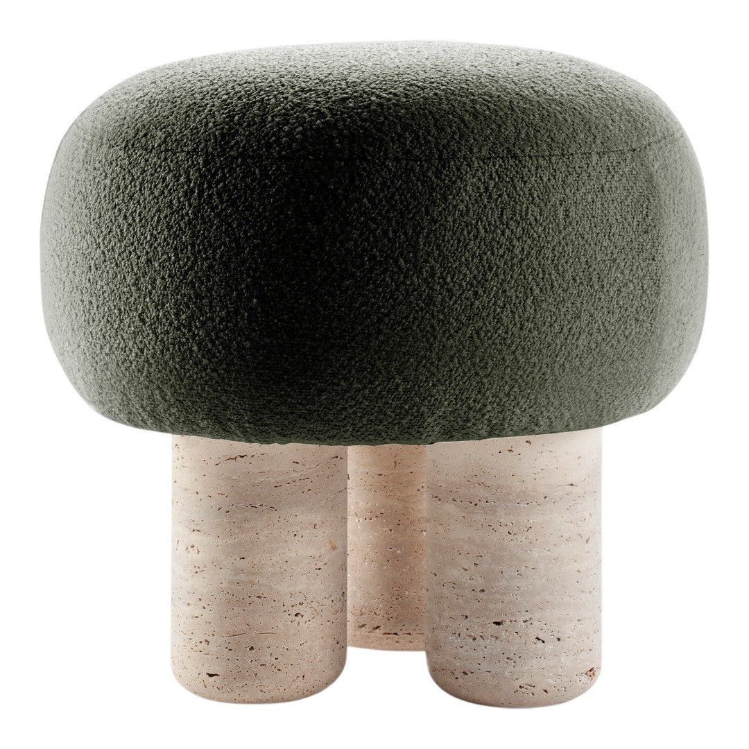 Green textured upholstered stool with light beige stone legs, featuring a smooth, rounded design.