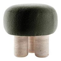 Green textured upholstered stool with light beige stone legs, featuring a smooth, rounded design.