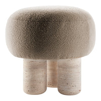 Soft beige upholstered stool with rounded top and light textured stone legs. Modern design with neutral colors.