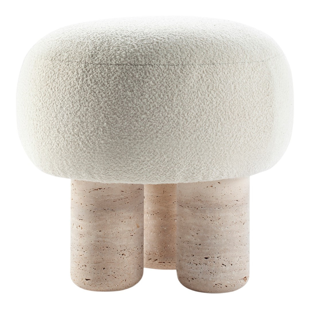 White textured round cushion seat with light-colored stone legs, featuring a minimalist design and soft, cozy aesthetic.