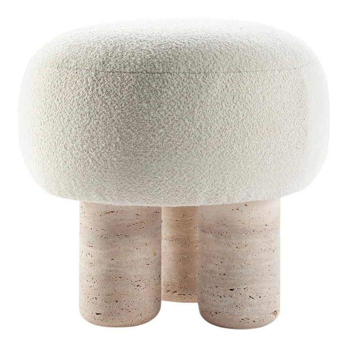 White textured round cushion seat with light-colored stone legs, featuring a minimalist design and soft, cozy aesthetic.