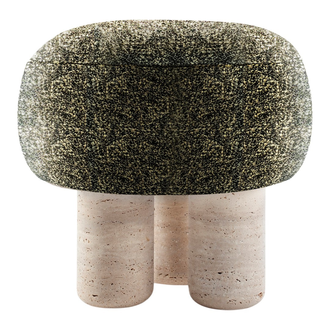 Textured green and black pattern with neutral stone legs on a modern accent stool. Ideal for contemporary decor.