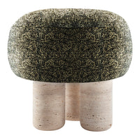 Textured green and black pattern with neutral stone legs on a modern accent stool. Ideal for contemporary decor.