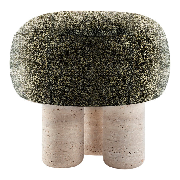 Textured green and black pattern with neutral stone legs on a modern accent stool. Ideal for contemporary decor.