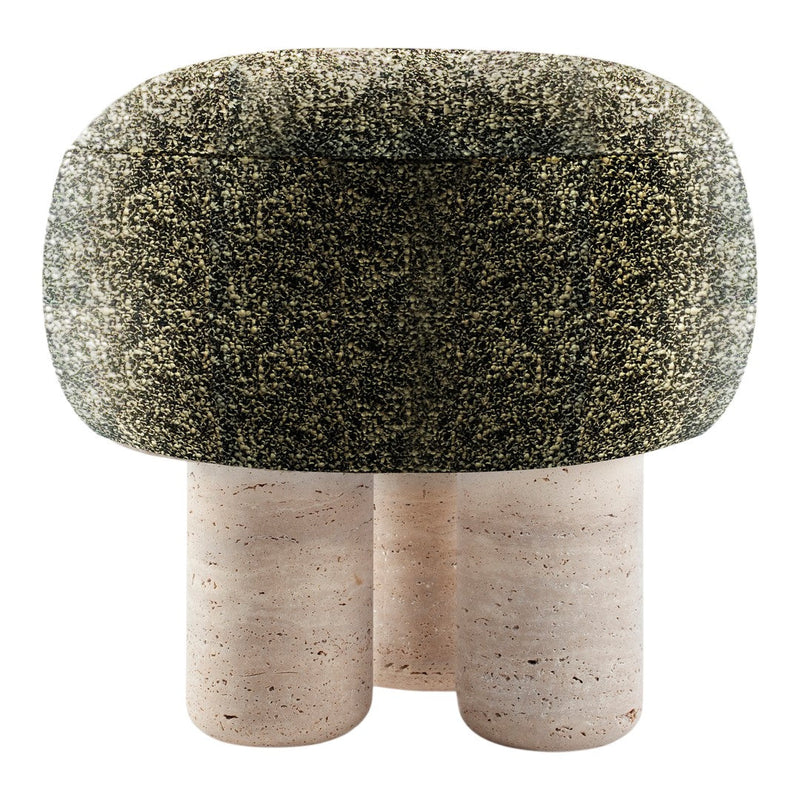 Textured green and black pattern with neutral stone legs on a modern accent stool. Ideal for contemporary decor.