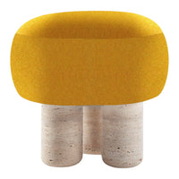 Yellow upholstered chair with a rounded shape and textured fabric, resting on a light stone base.
