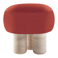 Red upholstered chair with a smooth, rounded top and textured beige stone legs. Modern design, minimalistic aesthetic.