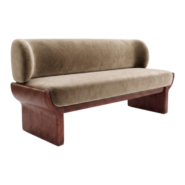 Brown velvet upholstery with a smooth texture, complemented by a sleek wooden base. Modern, minimalist design. 