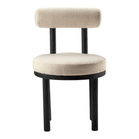 Beige upholstered chair with a rounded backrest and black wooden legs, featuring a plush textured fabric.